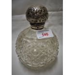 GLOBE CUT GLASS SCENT BOTTLE WITH SILVER CLAD STOPPER, BIRMINGHAM, 1908, HEIGHT INCLUDING STOPPER