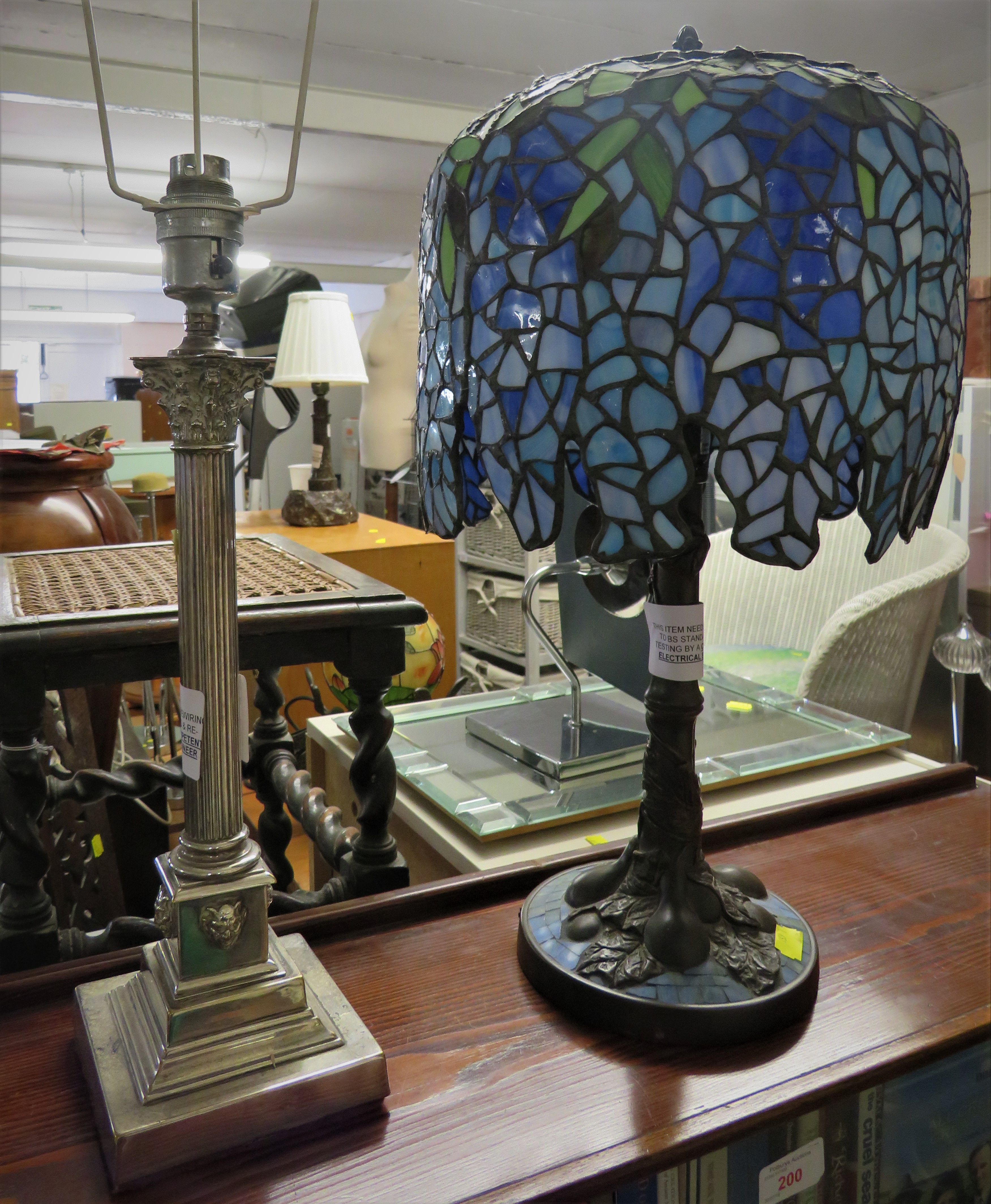 TIFFANY STYLE TABLE LAMP WITH SHADE AND SILVER PLATED COLUMN TABLE LAMP (NEED REWIRES)