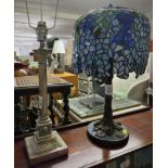 TIFFANY STYLE TABLE LAMP WITH SHADE AND SILVER PLATED COLUMN TABLE LAMP (NEED REWIRES)