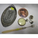 WHITE METAL DISH DECORATED WITH CHILD, PICKLE FORK AND OTHER SMALL ITEMS