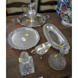 TWO SMALL CUT GLASS STOPPERED DECANTERS (ONE WITH SILVER COLLAR) AND QUANTITY OF SILVER PLATED ITEMS