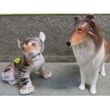 PORCELAIN TIGER CUB MARKED 'MADE IN USSR' AND CERAMIC COLLIE DOG MARKED 'ENGLAND'