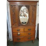 Red walnut tallboy, the upper section with foliate carved front and a single door with distinctive