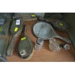 SILVER CLAD DRESSING TABLE MIRRORS AND BRUSHES, CUT GLASS JAR WITH SILVER LID AND CUT GLASS VESSEL