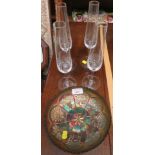 CARNIVAL GLASS BOWL AND FOUR CHAMPAGNE FLUTES
