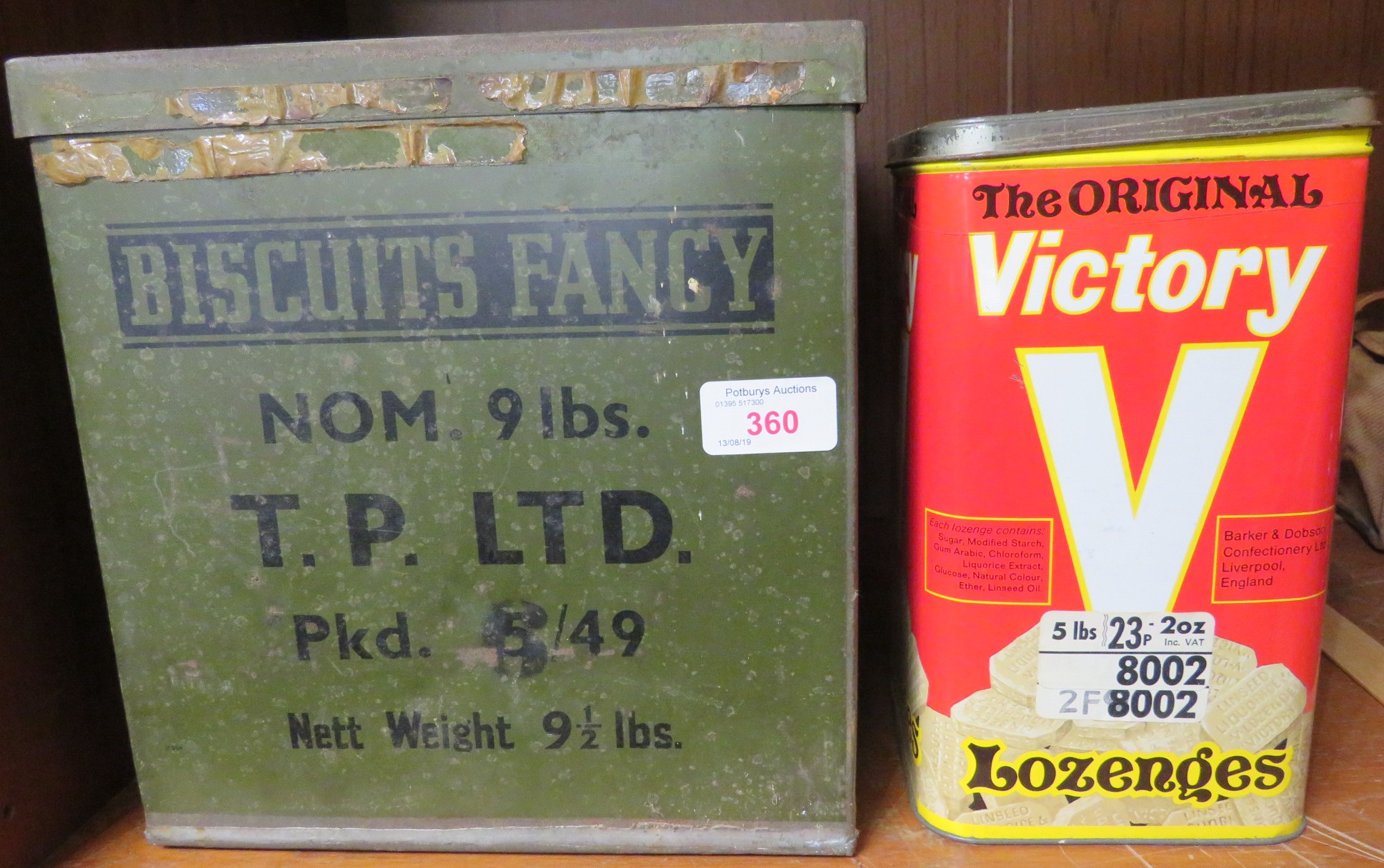 TWO VINTAGE ADVERTISING TINS - 'BISCUITS FANCY T. P. LTD' AND 'VICTORY LOZENGES'