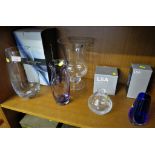 BOXED DARTINGTON CRYSTAL VASE, TWO BOXED LSA INTERNATIONAL VASES, ROYAL DOULTON PURPLE GLASS VASE