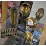 SMALL BRASS TRENCH ART SHELL, BRASS OWL VESSEL, MINIATURE ABACUS AND OTHER BRASSWARE