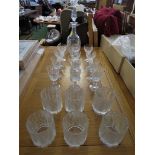 ROYAL BRIERLEY CUT GLASS CRYSTAL DECANTER WITH STOPPER AND SIX MATCHING STEMMED DRINKING GLASSES,