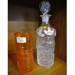 WHITEFRIARS STYLE ORANGE STUDIO GLASS VASE, TOGETHER WITH STOPPERED DECANTER AND THREE ENAMELLED