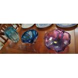 THREE ITEMS OF STUDIO GLASSWARE - COLOURED FRUIT BOWL, ONE OTHER BLUE GLASS BOWL AND VASE