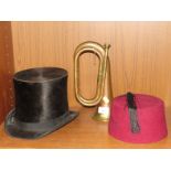 A.J WHITE SILK TOP HAT, FEZ, AND A BRASS AND COPPER BUGLE