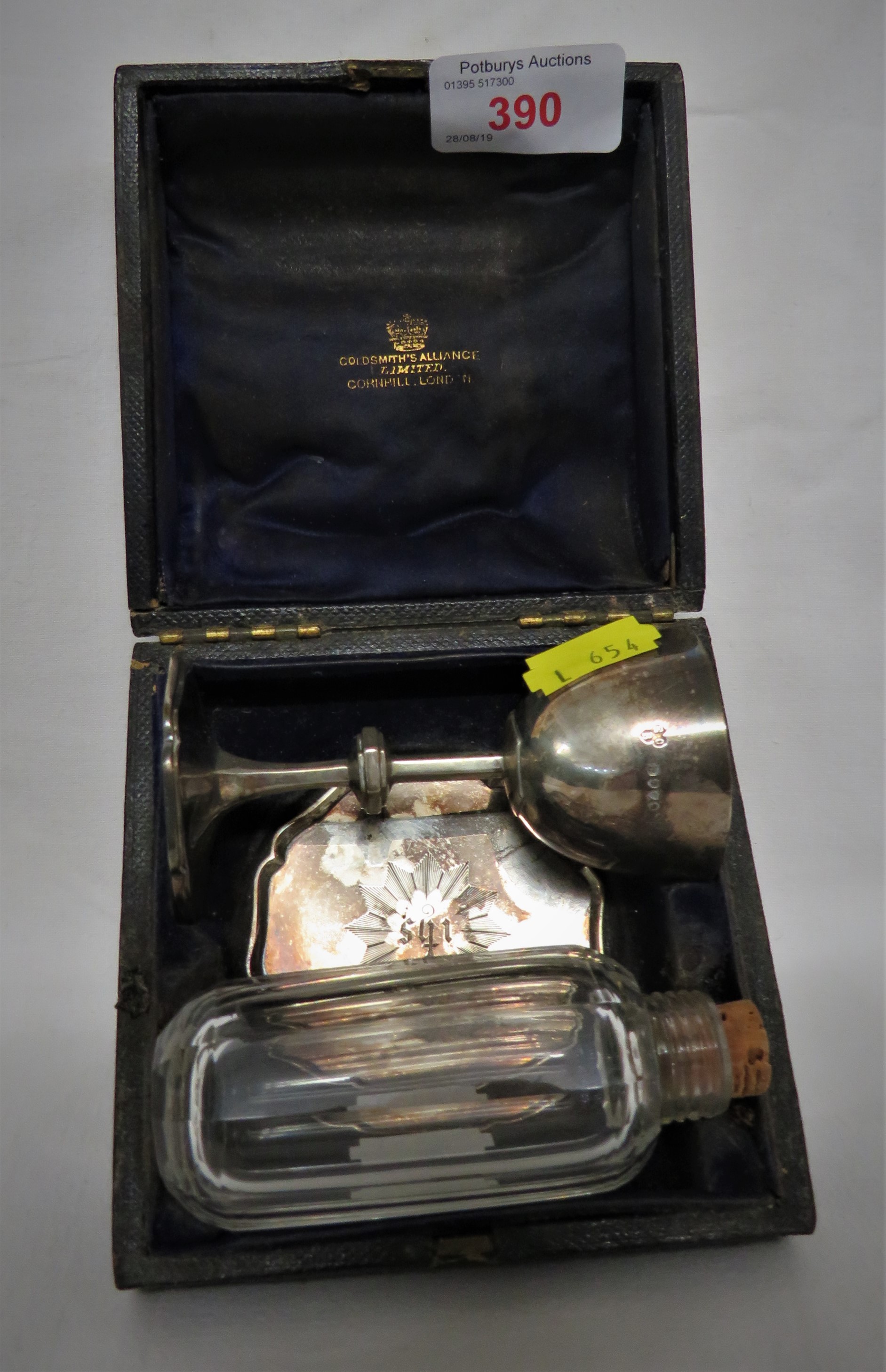 VICTORIAN SILVER THREE-PART TRAVELLING COMMUNION SET, COMPRISING ENGRAVED CHALICE AND PATEN, GLASS