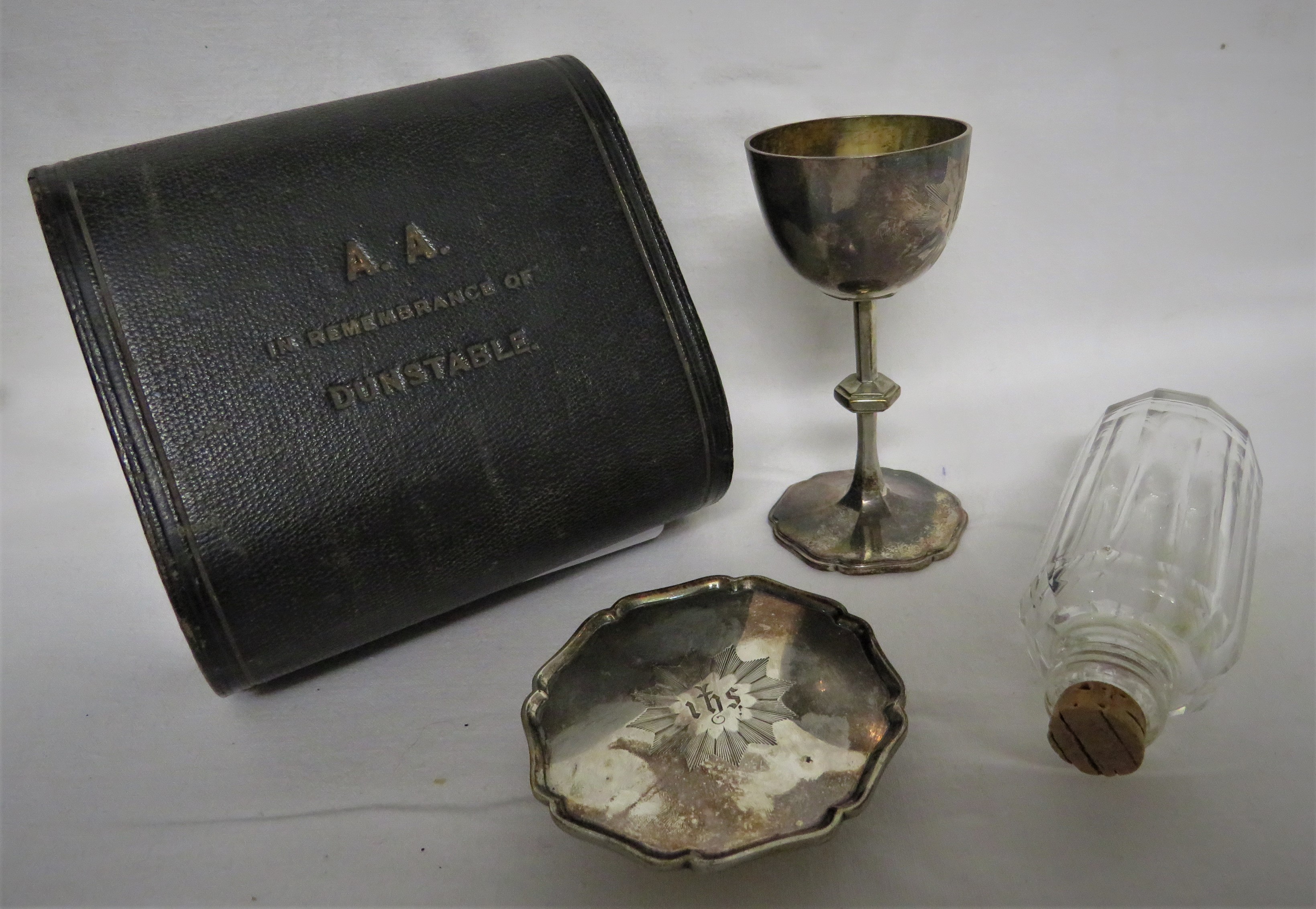 VICTORIAN SILVER THREE-PART TRAVELLING COMMUNION SET, COMPRISING ENGRAVED CHALICE AND PATEN, GLASS - Image 2 of 2