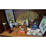 MODERN DECORATIVE FAR EASTERN ORNAMENTS INCLUDING FAN, PICTURES, PAPERWEIGHT AND FORTUNE STICKS