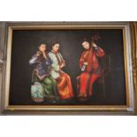 FRAMED PAINTING ON CANVAS OF THREE CHINESE LADIES PLAYING TRADITIONAL INSTRUMENTS