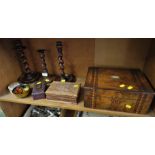 INLAID WOODEN BOX, TWO CARVED WOODEN BOXES, THREE SPIRAL STEM CANDLESTICKS AND A COMPOSITION BOWL