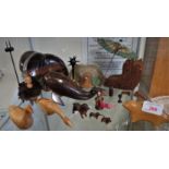 TREEEN TAPE MEASURE, MINIATURE TREEN DOGS AND ORNAMENTS, WOODEN CHAIR PUZZLE, ETC (ONE SHELF)