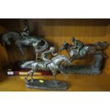 HEREDITIES THE FAVOURITE DG16 BRONZE EFFECT FIGURE OF HORSE AND JOCKEY, ONE OTHER BRONZE EFFECT