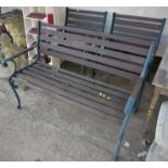 PAINTED CAST METAL WOODEN SLATTED GARDEN BENCH AND A PAIR OF MATCHING CHAIRS