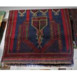 BLUE GROUND HAND KNOTTED WOOLLEN PRAYER RUG, 178CM X 97CM