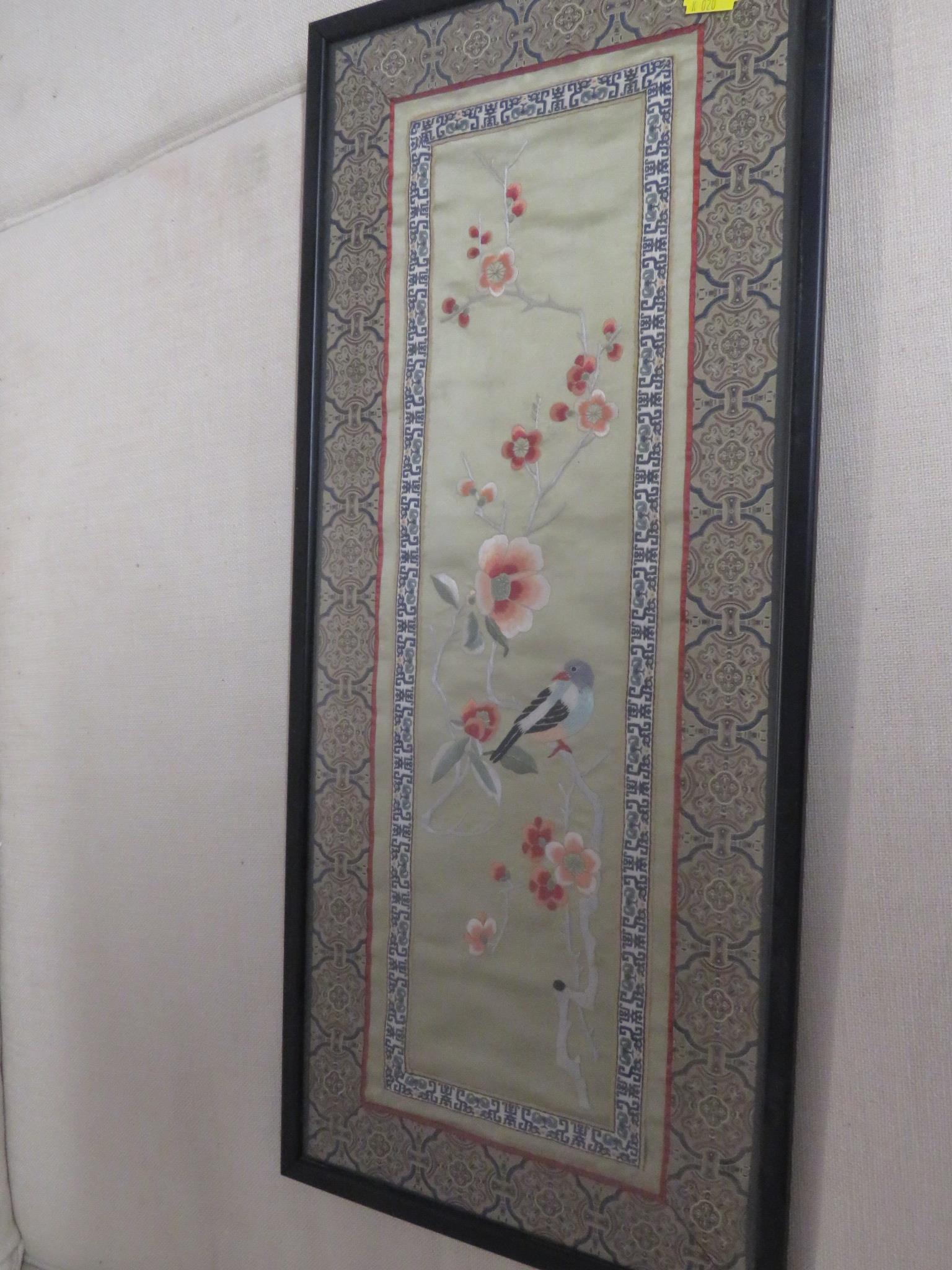 TWO ORIENTAL SILKS, AND FOUR OTHER SILK WORK PICTURES, EACH FRAMED AND GLAZED - Image 8 of 8