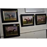 FOUR FRAMED REPRODUCTION PRINTS OF RACEHORSES AND JOCKEYS