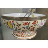 WEDGWOOD FLORALLY DECORATED CERAMIC BOWL WITH WHITE METAL RIM AND TWO MATCHING SALAD SERVERS