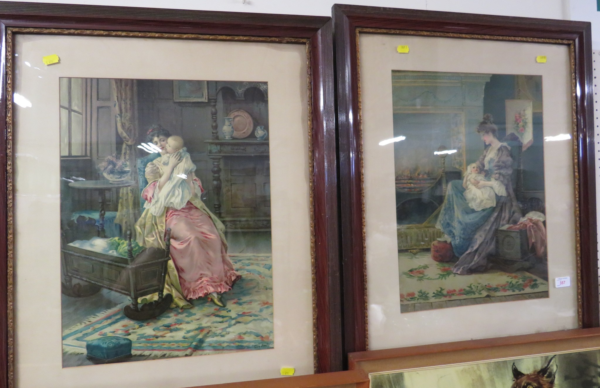 PAIR OF FRAMED AND MOUNTED COLOURED PRINTS OF MOTHER AND CHILD AFTER EVA HOLLYER