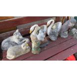 SELECTION OF COMPOSITE STONE GARDEN ORNAMENTS INCLUDING DOG, CAT AND OTTER, TWO PLASTIC SWAN