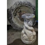 SUBSTANTIAL COMPOSITE STONE TWO PART BIRDBATH WITH ORIENTAL CARP DESIGN, STAMPED 'HENRI STUDIOS