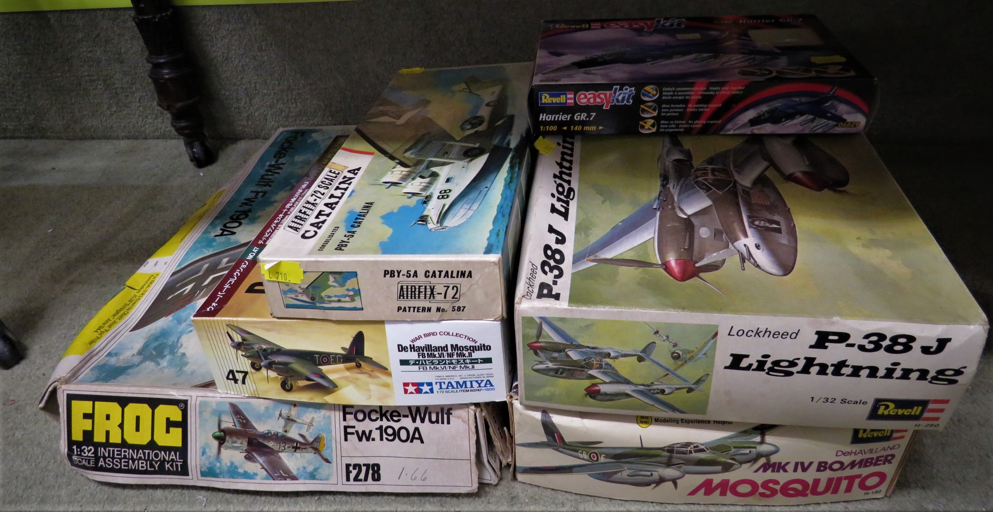 SIX MODEL AIRCRAFT KITS - AIRFIX-72 CATALINA; REVELL EASYKIT HARRIER GR.7; TAMIYA DE HAVILLAND