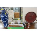 LACQUER TRAY, CHINESE PORCELAIN PRUNUS VASE AND COVER AND OTHER FAR EASTERN DECORATIVE WARE (ONE