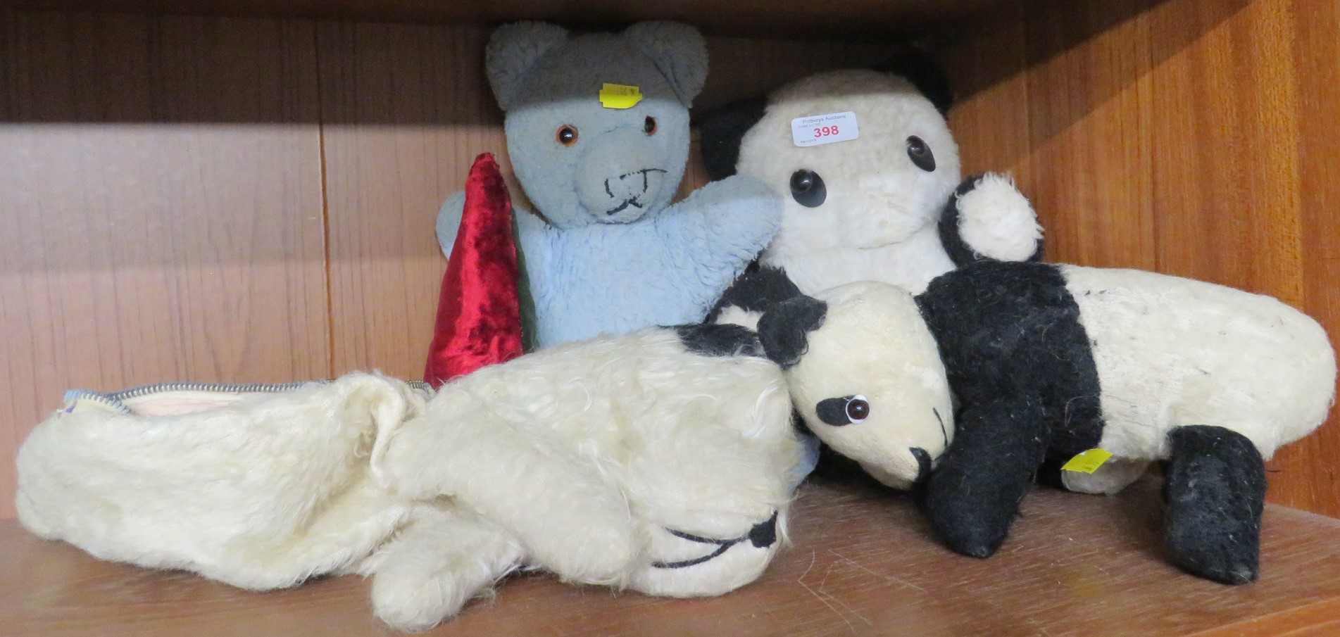 THREE VINTAGE STUFFED TOYS INCLUDING PANDA, TOGETHER WITH VINTAGE SOFT TOY DOG BAG (SOLD AS