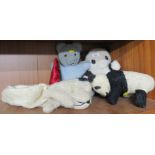 THREE VINTAGE STUFFED TOYS INCLUDING PANDA, TOGETHER WITH VINTAGE SOFT TOY DOG BAG (SOLD AS