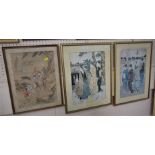 TWO FRAMED AND GLAZED PRINTS OF ORIENTAL FIGURES, TOGETHER WITH ONE OTHER ON FABRIC