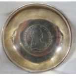 WHITE METAL CIRCULAR TRINKET DISH SET WITH AUSTRIAN MARIA THERESA THALER COIN