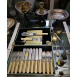 LIBRASCO BALANCE SCALES WITH BRASS WEIGHTS, CASED SET OF BONE HANDLE FISH EATERS AND SERVERS, SILVER