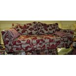 DFS LARGE TWO SEATER SOFA IN GREY AND PURPLE FOLIATE PATTERN UPHOLSTERY (WIDTH APPROXIMATELY