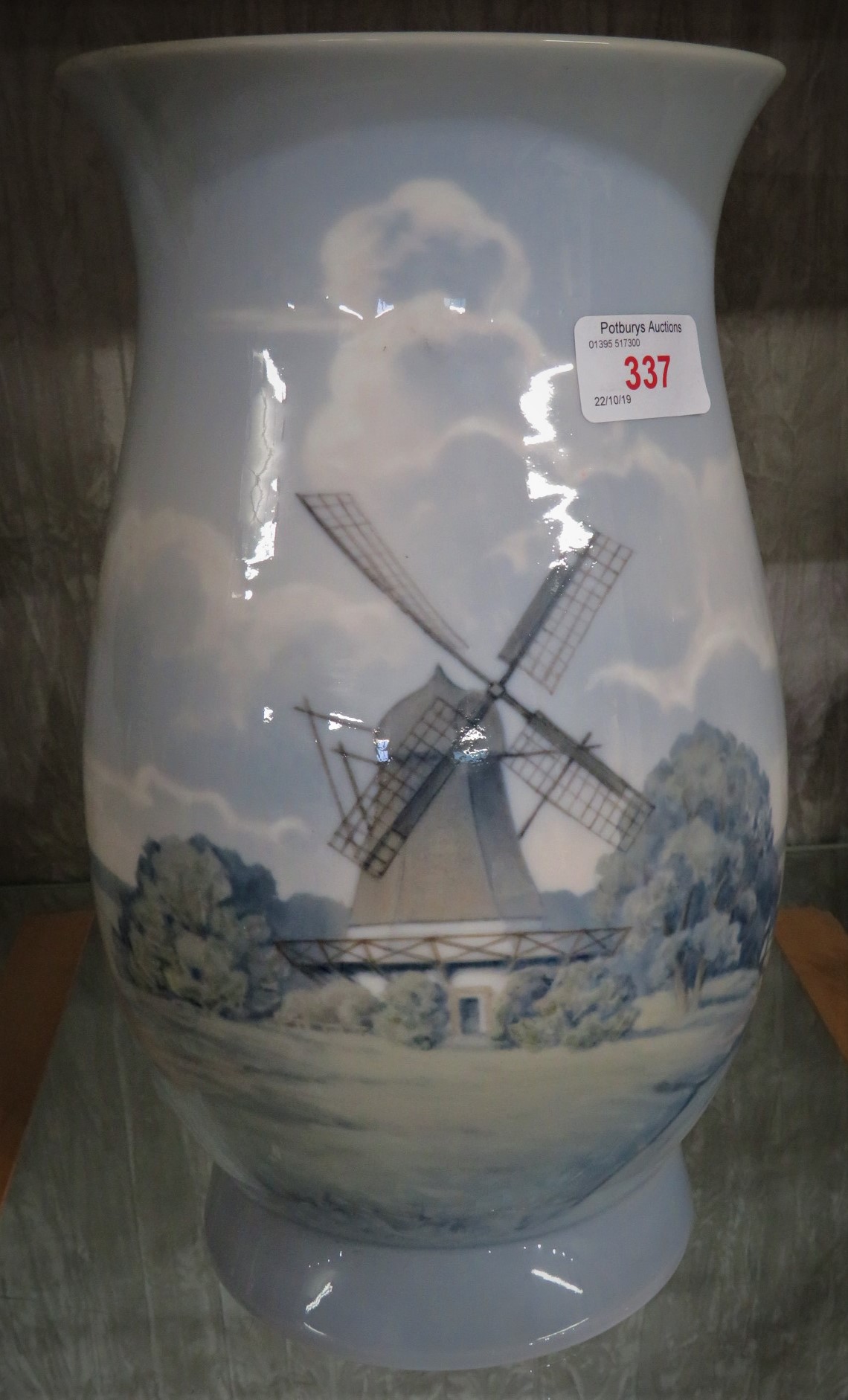 BING & GRONDAHL COPENHAGEN VASE DECORATED WITH WINDMILL IN LANDSCAPE, NUMBERED 8708/440, HEIGHT 29.