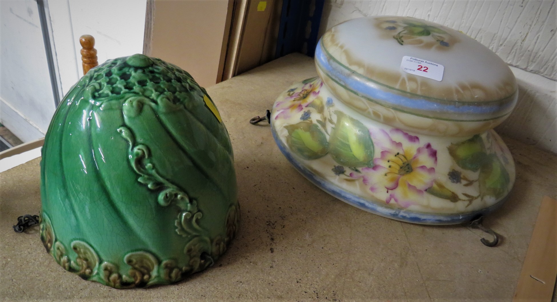 VINTAGE PAINTED GLASS LIGHT SHADE AND A GREEN GLAZED MAJOLICA CERAMIC HANGING JARDINIERE