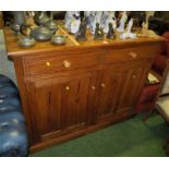 LARGE PITCH PINE SIDEBOARD WITH TWO DRAWERS OVER TWO CUPBOARD DOORS WITH SHELVING WITHIN