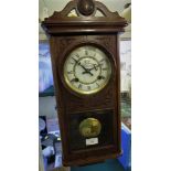 OAK CASED CHIMING WALL CLOCK, SIGNED P WATTS & SON, WITH PENDULUM AND WINDING KEY