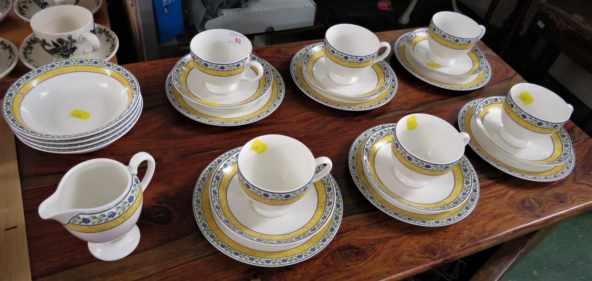 WEDGWOOD MISTRAL TEA SET - SIX CUPS AND SAUCERS, SIX PLATES, FOUR BOWLS AND A MILK JUG