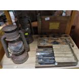 DRILL BITS IN WOODEN CASE, TAP AND DIE SET IN WOODEN CASE, AND TWO VINTAGE HURRICANE LAMPS