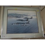 COLOUR PHOTOGRAPH OF THREE ROYAL NAVY FIGHTER JETS IN FLIGHT OVER SIDMOUTH COAST, FRAMED AND GLAZED