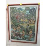 FRAMED BALINESE PAINTING ON CANVAS OF WOMEN FARM WORKERS