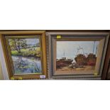 OIL ON BOARD OF FISHING TRAWLERS ON SHORE INITIALED E.M, AND AN OIL ON BOARD OF CATTLE AT