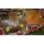 TAN LEATHER HORSE HOOD AND ONE OTHER LEATHER HORSE TACK ITEM WITH BRASS STUDS AND WOODEN MOUNTS