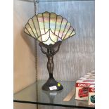 BRONZE EFFECT ART DECO STYLE LAMP BASE MODELLED AS NUDE WOMAN HOLDING ALOFT AN IRIDESCENT FAN